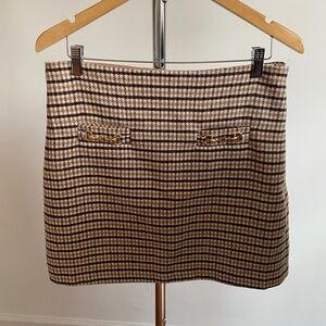 LOFT Brown Plaid Mini Skirt with Gold Chain Trim